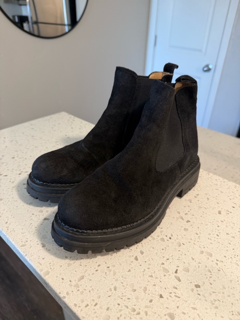 Anthropologie Black Suede Chelsea Lug Boots